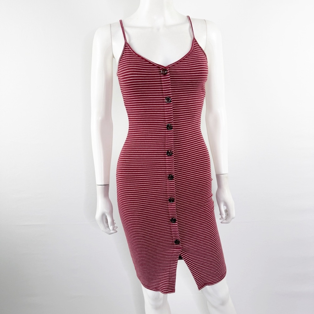 Windsor Dark Red & White Striped Ribbed Midi Dress Size S Button Front Bodycon